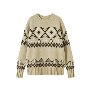 CROWNLESS未冕25秋冬新品纯羊毛纱复古艺术感费尔岛嵌花圆领毛衣