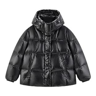 【鹅绒服】太平鸟一手长连帽黑金羽绒外套冬新款亮面短款面包服女