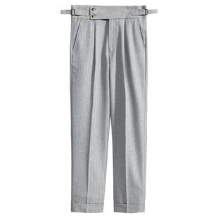 卡其那不勒斯修身西裤男英伦复古高腰商务垂感条纹休闲裤薄长裤潮