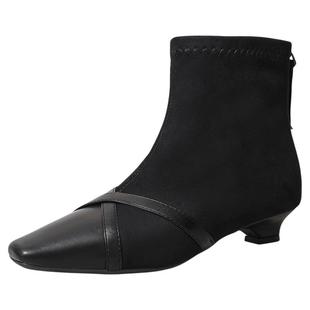 高蒂尖头小跟短靴女2025新款冬季加绒保暖高级感及踝靴子短筒裸靴