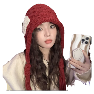 2025新款时尚贴布流苏红色毛线帽子女秋冬季保暖手工辫子针织帽潮