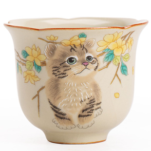 汝窑猫咪花口杯主人杯汝瓷个人单杯陶瓷功夫茶具小茶杯客杯品茗杯