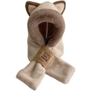 帽子围巾一体女秋冬季可爱毛绒帽保暖加绒儿童防寒连帽围脖两件套