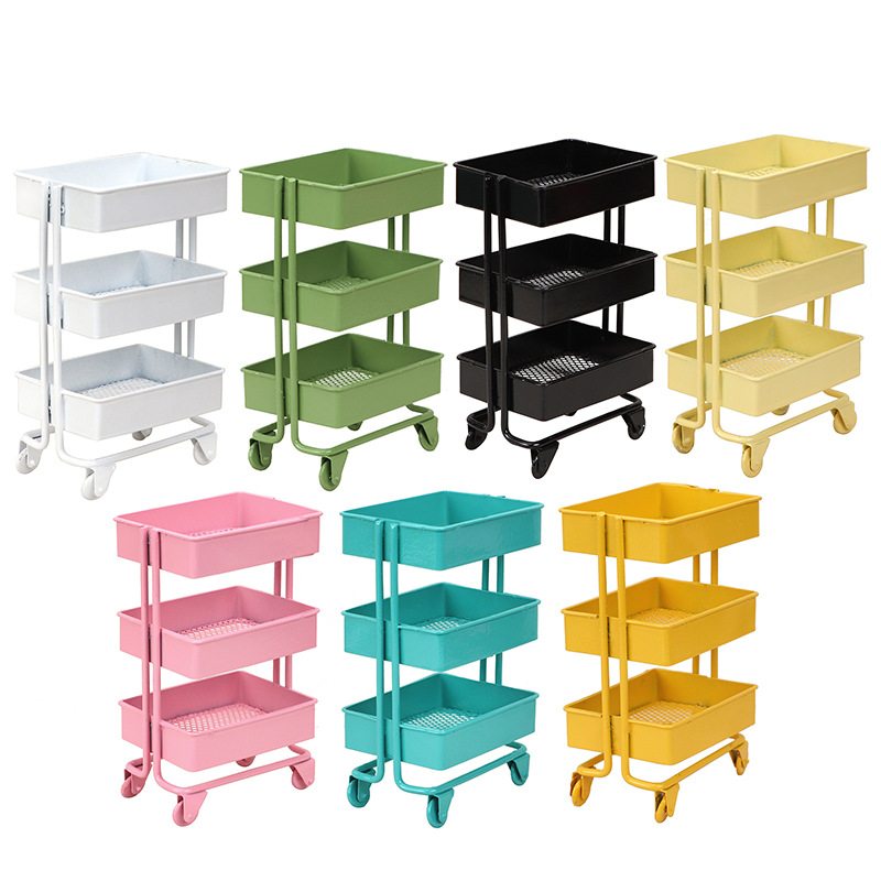 新品 娃娃屋摆件铁艺大推车收纳架仿真可移动手推车彩色落地储物