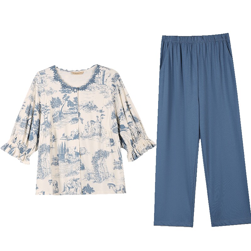 秋鹿睡衣女夏款纯棉家居服套装