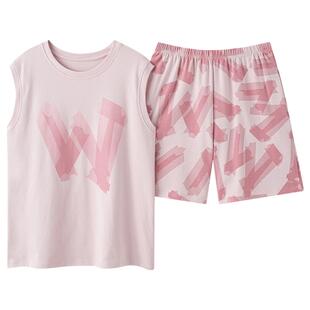 可人儿夏季情侣纯棉睡衣夏天休闲圆领背心运动外穿男女家居服套装