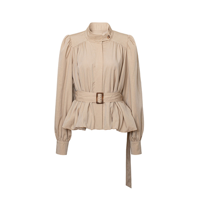 TOP家 英式气息 现代时髦感 打褶花苞型醋酸垂坠感短款风衣外套