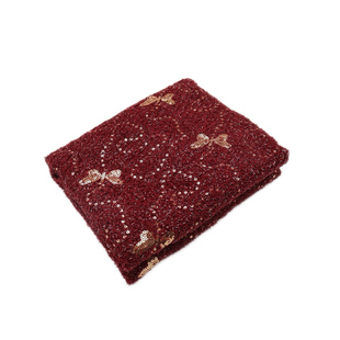 国风 暗红色蝴蝶亮片亮丝刺绣小香风编织粗花呢面料旗袍外套布料