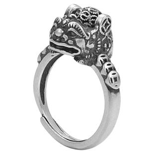 道家招财复古铜镀s990泰银铜钱可转动貔貅戒指开口可调节招财指环