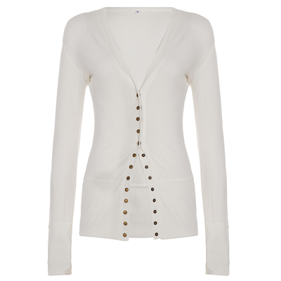 WEEKEEP 慵懒风休闲白色V领排扣针织开衫女百搭修身显瘦长袖上衣