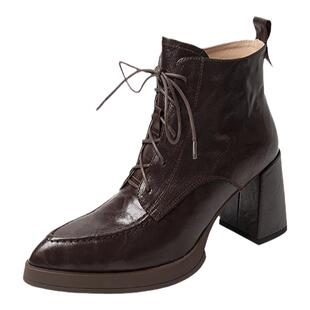 2025秋冬新款尖头系带高跟鞋女粗跟加绒短靴气质裸靴小个子马丁靴