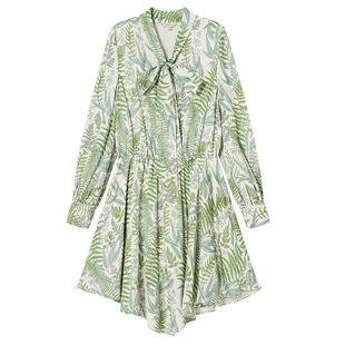 Goodland美地2024春季新款法式蝴蝶结飘带真丝连衣裙女短款