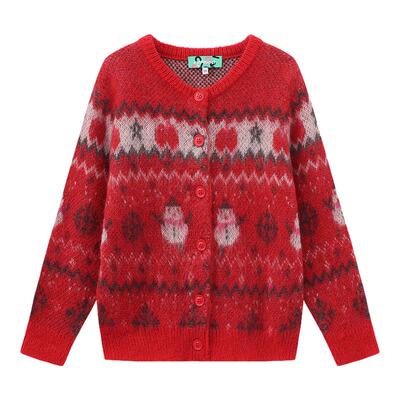 innplanet26春新款美式复古红色费尔岛混纺针织开衫女PP11KN012A