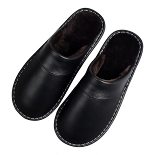 「牛筋底」真皮牛皮居家拖鞋冬季加绒加厚保暖防滑男女家用棉拖鞋