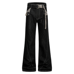 ZLAYCO美式千鸟格腰带原牛黑微喇男女牛仔裤cleanfit宽松显瘦长裤