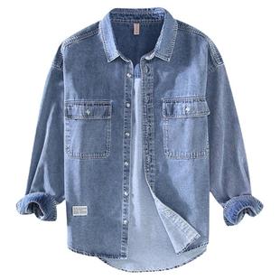 大码牛仔衬衫男长袖宽松加大春季高个子男装上衣纯棉工装衬衣外套