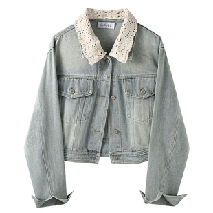 蕾丝花边翻领漂亮牛仔外套女早春季新款港风复古减龄短款夹克上衣