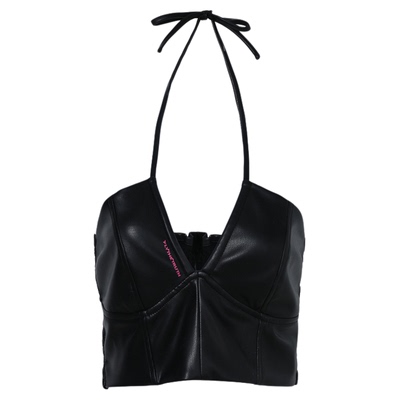 韩系辣妹PU皮挂脖吊带背心夏季