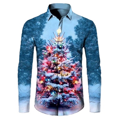 圣诞节3D印花长袖衬衫