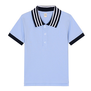 夏季校服短袖衣领三杠POLO衫男女中小学生T恤浅蓝色纯棉翻领学院