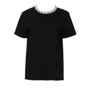 DPLAY【闪钻系列】夏季新款亮钻领黑色t恤女宽松短袖上衣棉