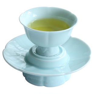 仿宋天青葵口茶盏品茗杯手工雕刻莲花纹主人杯点茶品茶调膏杯茶具