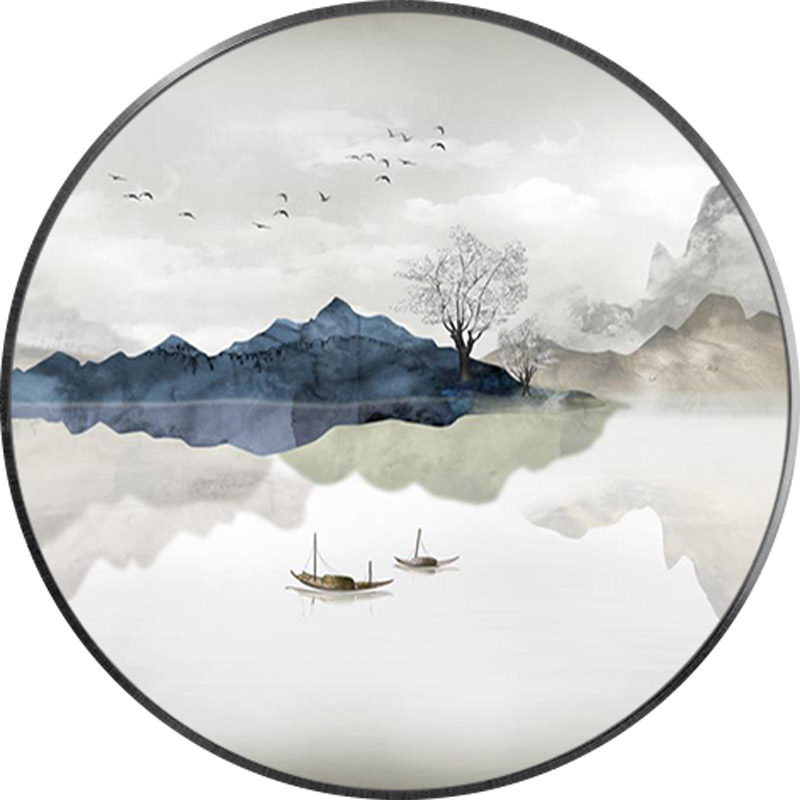 装饰画新中式圆形水墨山水带灯画
