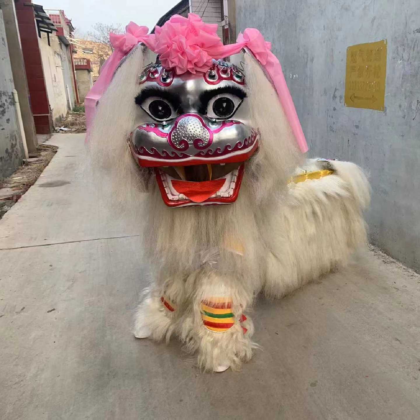 定制网红小白狮双人白色仿牛毛舞狮全套舞龙舞狮道具北京狮子笑脸