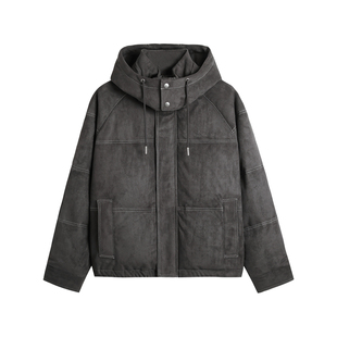 HIM汉崇 细腻仿麂皮绒羽绒服撞色缉明线【可拆连帽】外套2025冬季