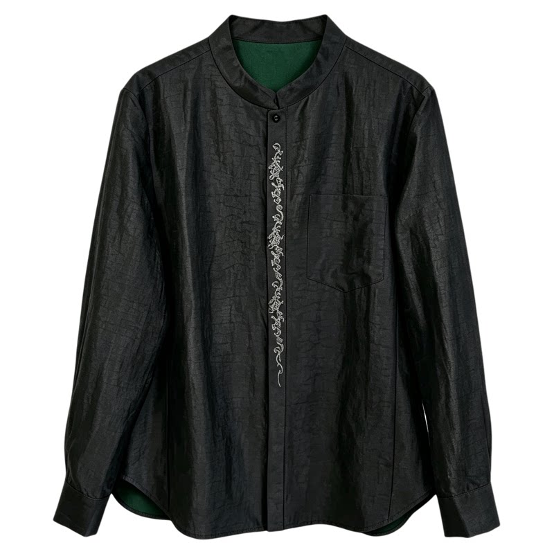 香云纱男士立领新中式刺绣衬衫
