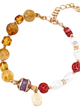 新中式朱砂紫水晶琥珀黄花胶手链水晶天然珍珠手串招财纳福手饰女