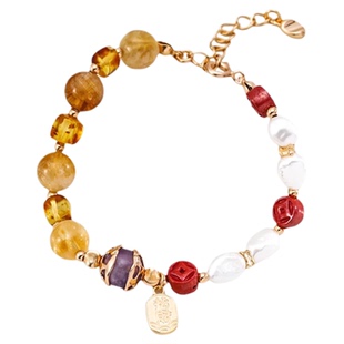 新中式朱砂紫水晶琥珀黄花胶手链水晶天然珍珠手串招财纳福手饰女