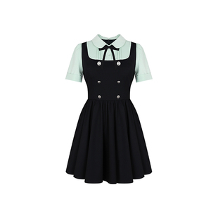 安妮不火航海手札英伦学院风撞色连衣裙女微胖大码收腰假两件裙子