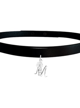 纯银银字母吊坠真皮皮项圈锁骨链