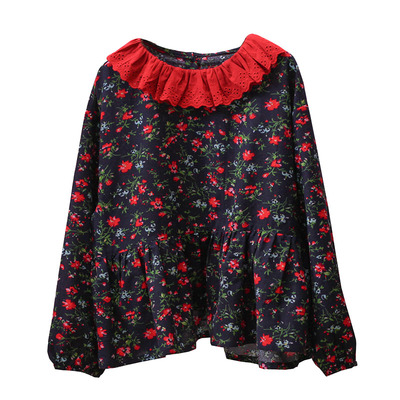 日系复古花边领娃娃衫长袖女上衣