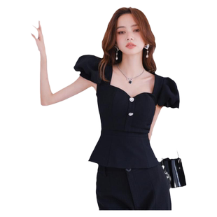 【折】Masion Wester新款轻奢气质黑色泡泡袖短袖收腰短上衣