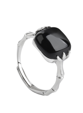 国风黑玛瑙纯银竹节戒指