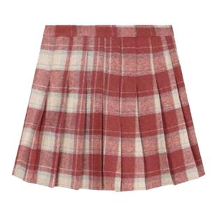 复古毛呢裙格子百褶裙秋冬新款大码美式气质短裙红色a字半身裙女