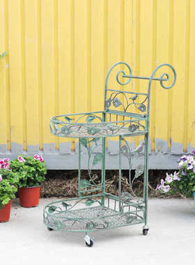 铁艺复古做旧绿色柳叶小鸟楼梯花架置物架双层餐车手推车实用花架