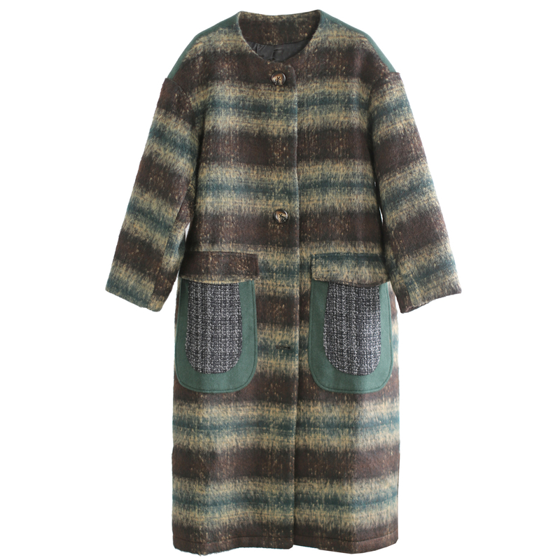 兮风大廓形加长茧型毛呢外套女藏肉显瘦文艺拼色条纹呢料大衣秋冬