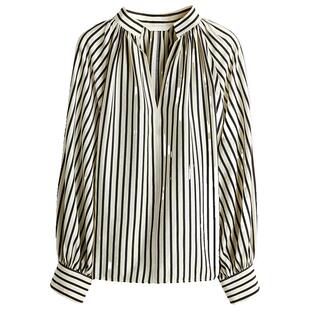 HM女装衬衫春季智性条纹美学条纹V领灯笼袖大廓形气质上衣1258814