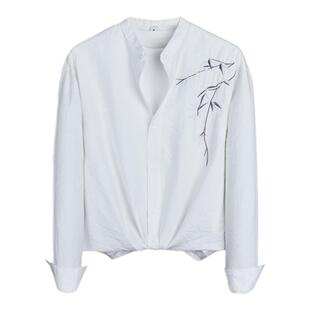 中国风竹子绣花衬衣男士国潮刺绣长袖衬衫文艺气质男装立领上衣男