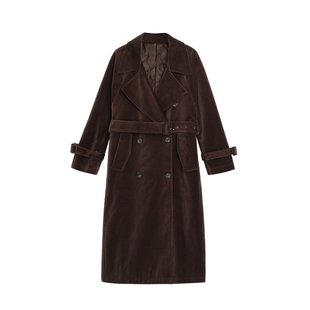 pusumede 随性韵味 复古灯芯绒中长款风衣女可拆袖袢收腰夹棉外套