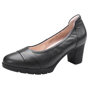 马内尔浅口单鞋女新款春季一脚蹬粗跟高跟鞋真皮中跟黑色鞋G15081