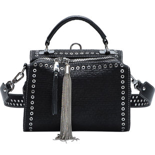 横款宽肩带女包时尚手提斜挎包黑色真皮三用包包2026新款四季通用