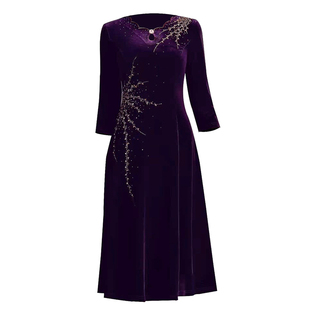 高端婚礼妈妈装连衣裙中长款大码显瘦时尚中年女装春秋季金丝绒裙