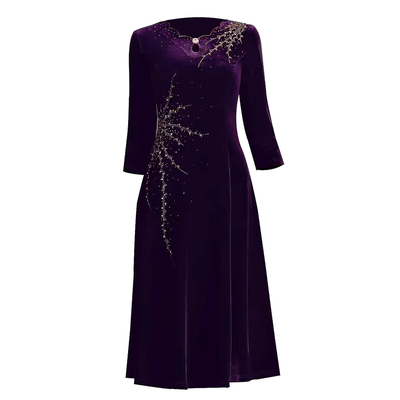 金丝绒手工钉珠中年妈妈装连衣裙