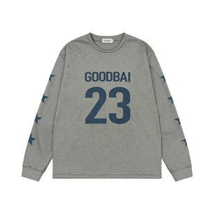 GOODBAI 23编号logo星星印花撞色圆领网面长袖卫衣