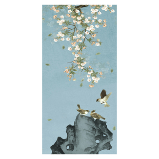 玄关自粘壁画新中式工笔花鸟装饰画客厅走廊过道墙画贴纸定制贴画