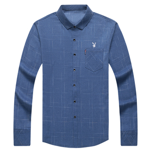 花花公子中年男士长袖格子衬衫春秋纯棉大码免烫抗皱休闲爸爸衬衣